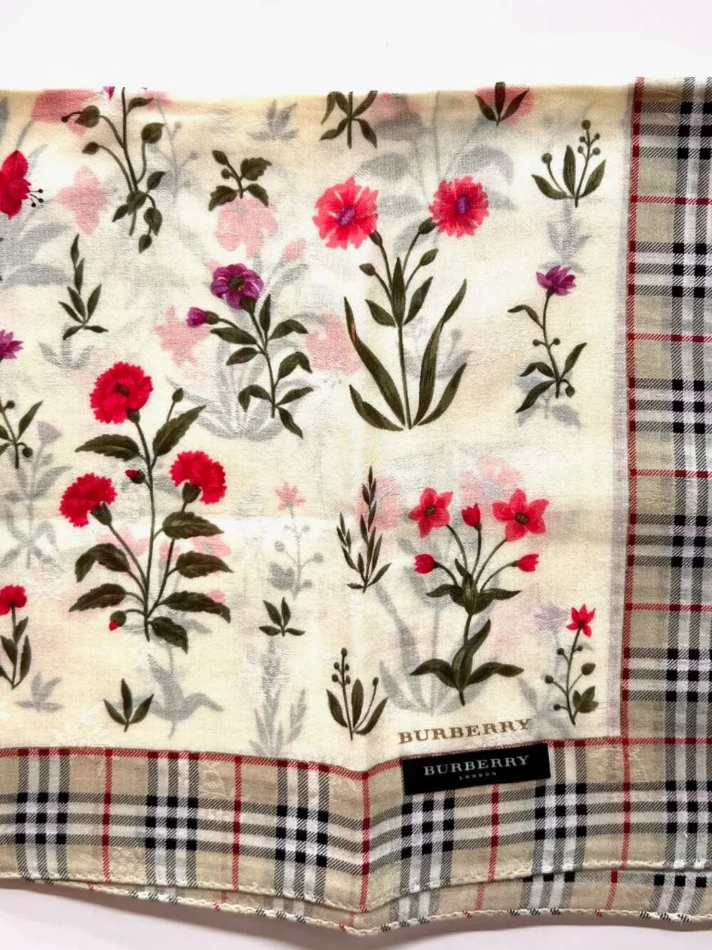 New   Burberry Neck-handker /Mini Scarf 19.5" Cotton Olive Gray Floral Check(77 - Picture 10 of 13